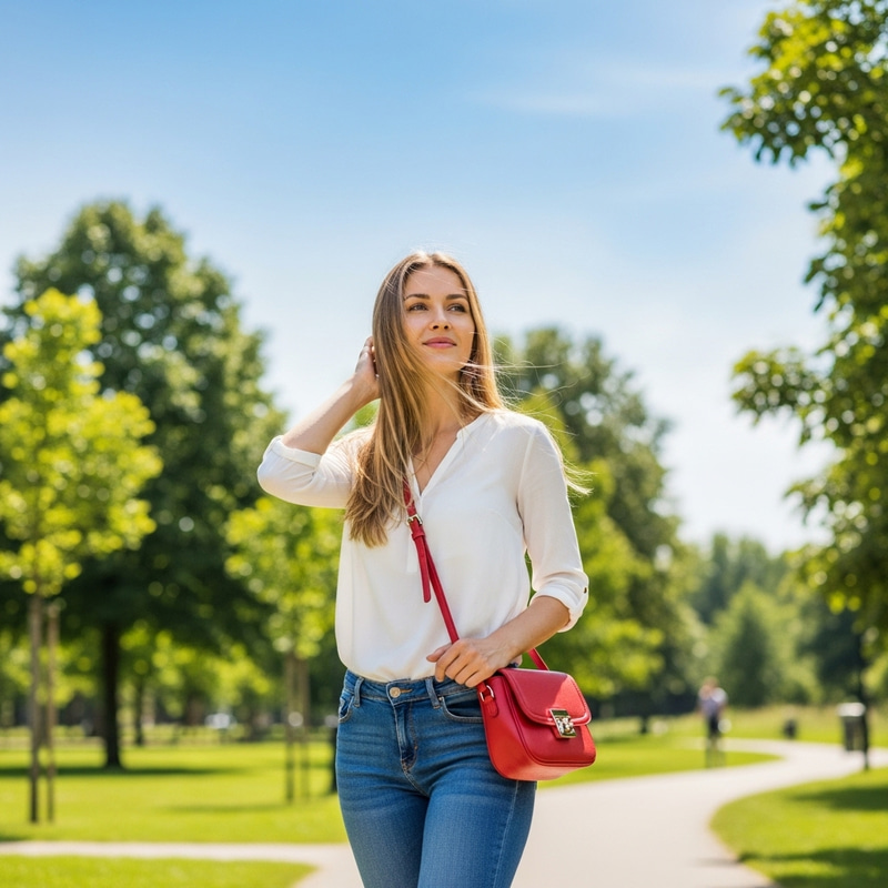 Serene Caucasian Woman in Blue Jeans & White Shirt | Park Moment