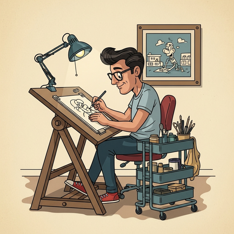 Vintage Children's Cartoonist Drawing on Desk with Retro Style Vintage Children's Cartoonist Drawing on Desk with Retro Style