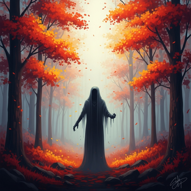Mysterious Figure in a Foggy Autumn Forest | Fantasy Digital Art