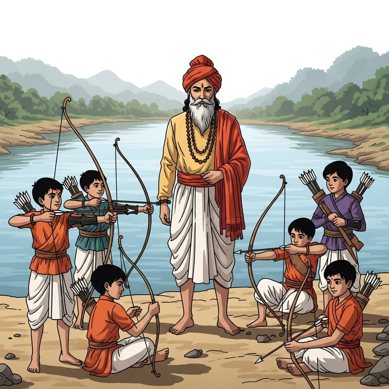 Indian Guru Dronacharya with Archery Students by Serene River Indian Guru Dronacharya with Archery Students by Serene River