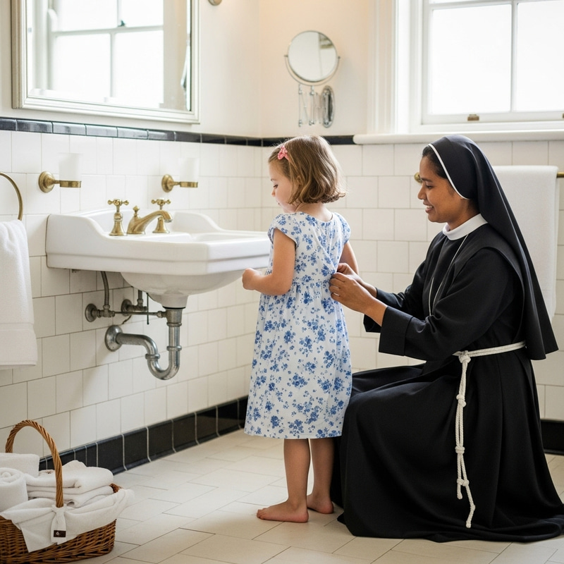Child Getting Dressed by Nun in Bathroom Child Getting Dressed by Nun in Bathroom