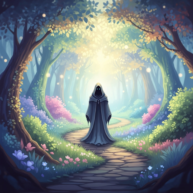 Mystical Forest Pathway with Hooded Figure Mystical Forest Pathway with Hooded Figure