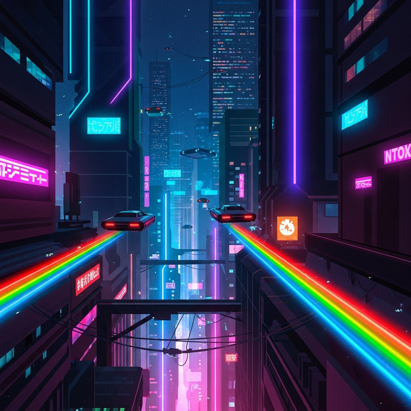 Dynamic Cyberpunk Cityscape with Flying Cars & Neon Lights
