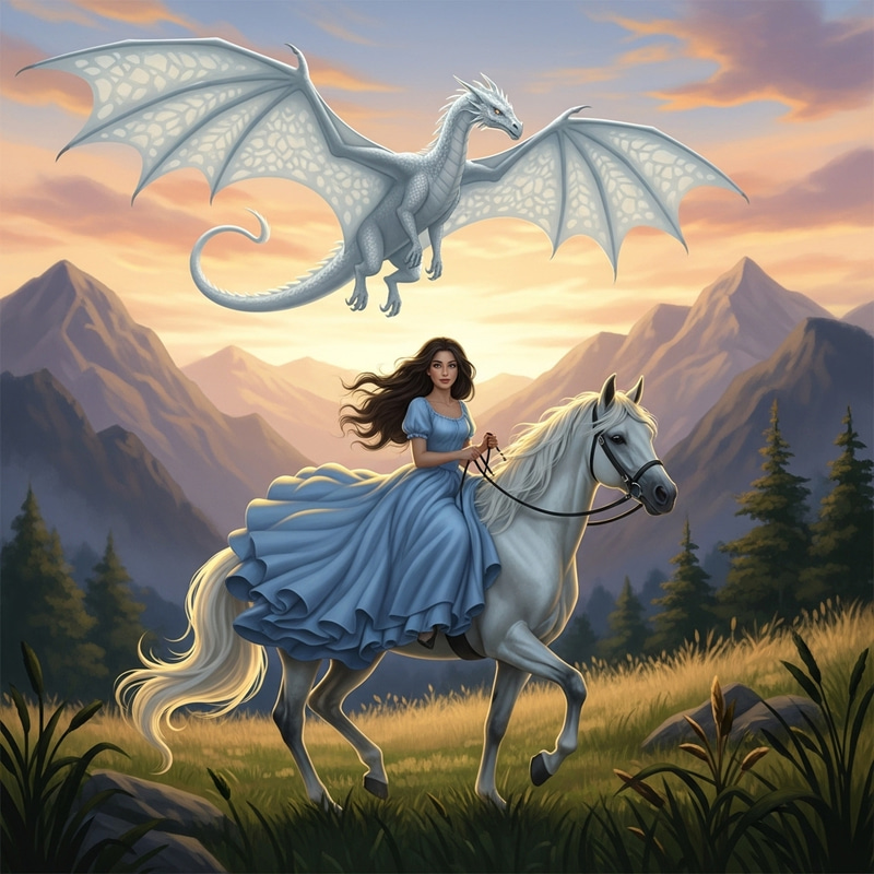 Brunette Girl on White Horse with Dragon Brunette Girl on White Horse with Dragon