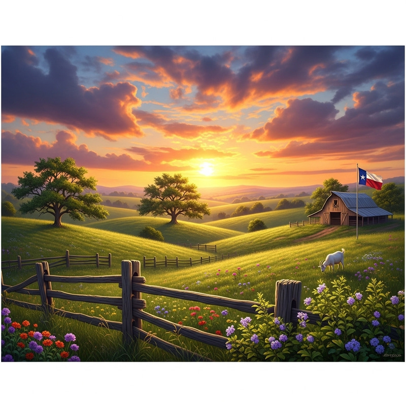 Serene Sunset Farm Scene with Oak Trees and Lone Goat