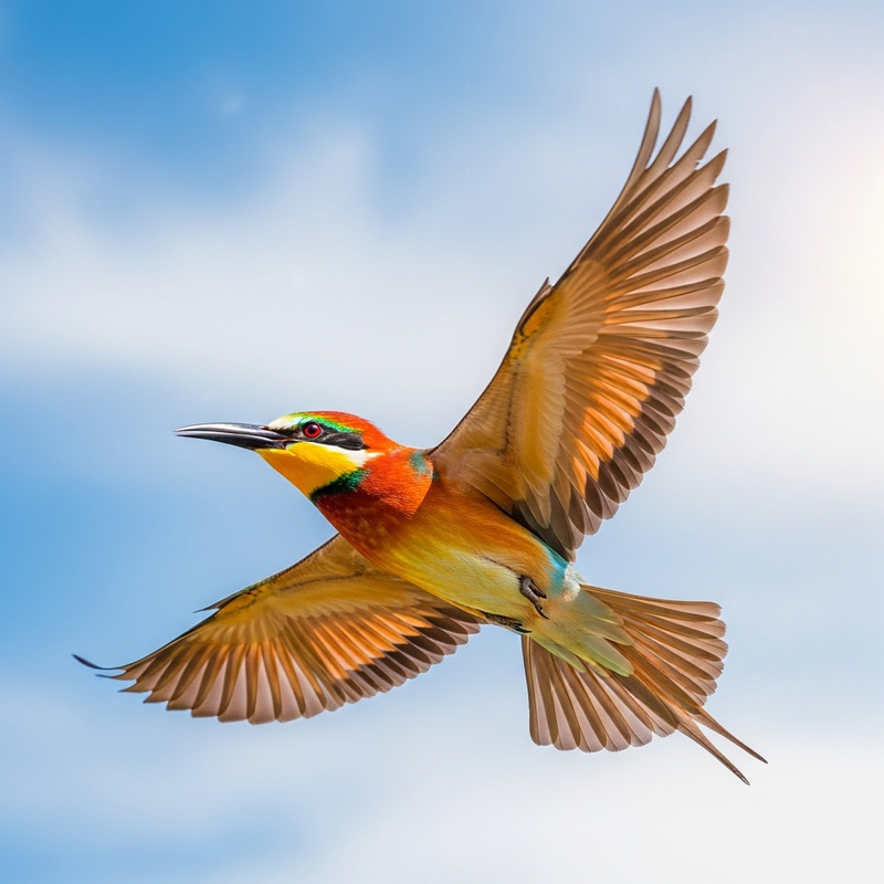 Colorful Bird Soaring Through Azure Sky