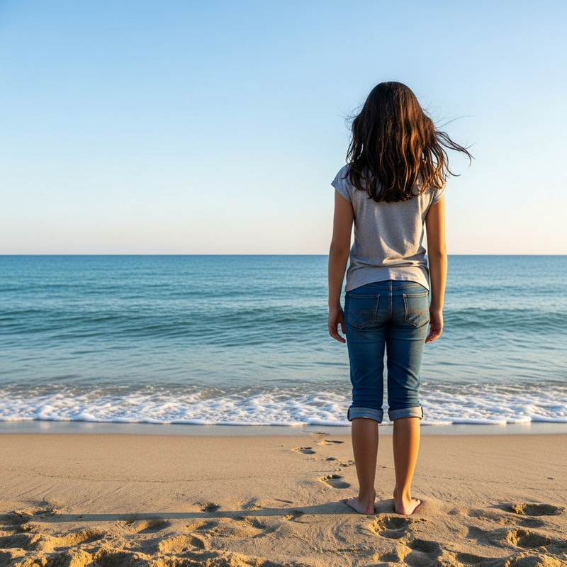 Girl Gazing Over Beach: Peaceful Scene with Hispanic Girl Girl Gazing Over Beach: Peaceful Scene with Hispanic Girl