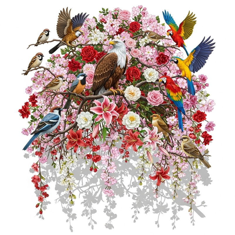 Vibrant Birds Amidst Flowering Trees Vibrant Birds Amidst Flowering Trees