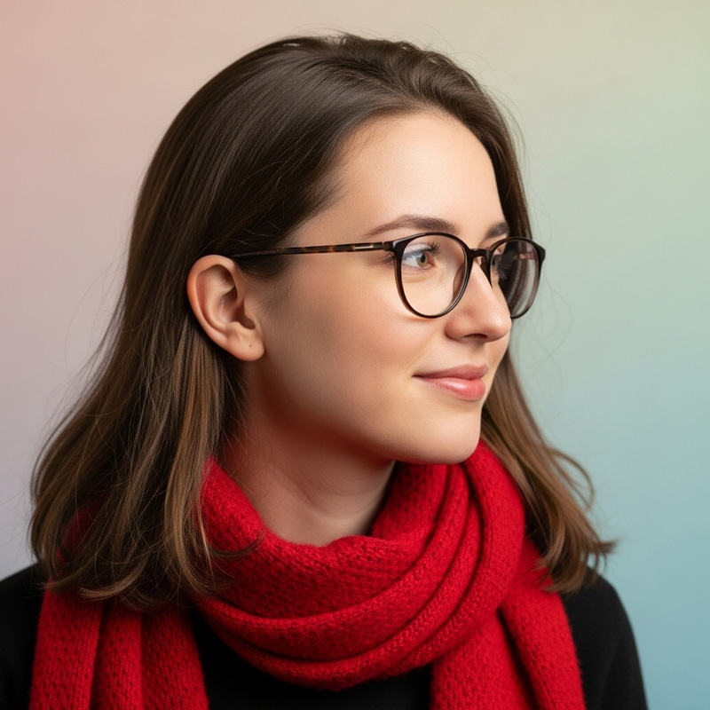 Caucasian Woman Wearing Red Scarf and Glasses | Intellectual Charm Caucasian Woman Wearing Red Scarf and Glasses | Intellectual Charm