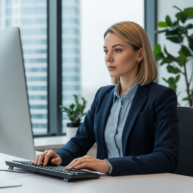30-Year-Old Russian Woman at Office Computer | Business Attire, Blonde 30-Year-Old Russian Woman at Office Computer | Business Attire, Blonde