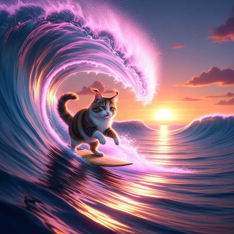 Cat Surfing on a Pink Wave - Fun Adventure Cat Surfing on a Pink Wave - Fun Adventure