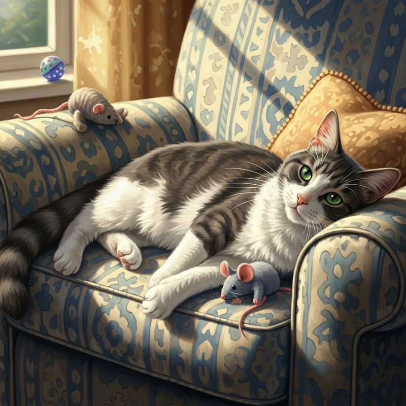 Cat Relaxing on Armchair in Sunlight