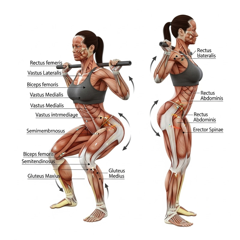 Female Muscle Anatomy: Squat Exercise Breakdown Female Muscle Anatomy: Squat Exercise Breakdown