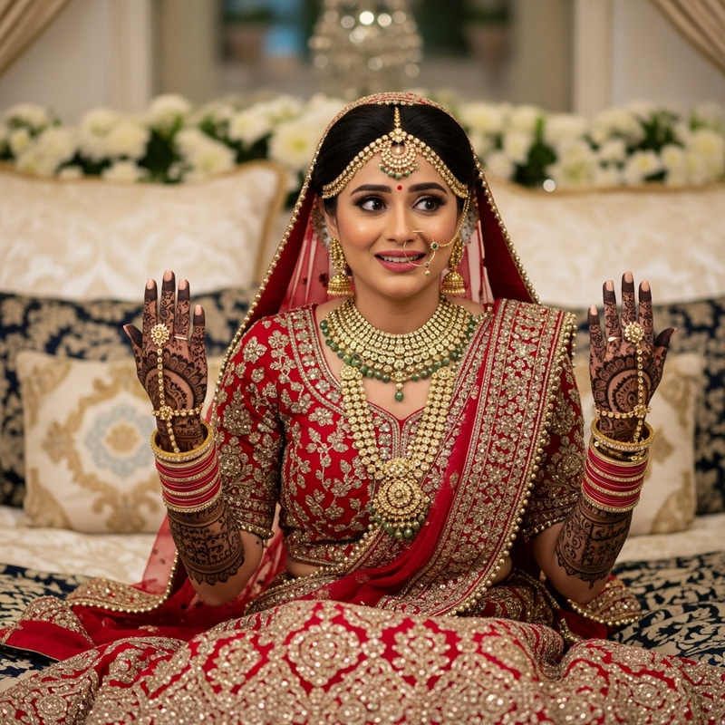 Elegant South Asian Bride Sitting on Bed in Red and Gold Wedding Attire Elegant South Asian Bride Sitting on Bed in Red and Gold Wedding Attire