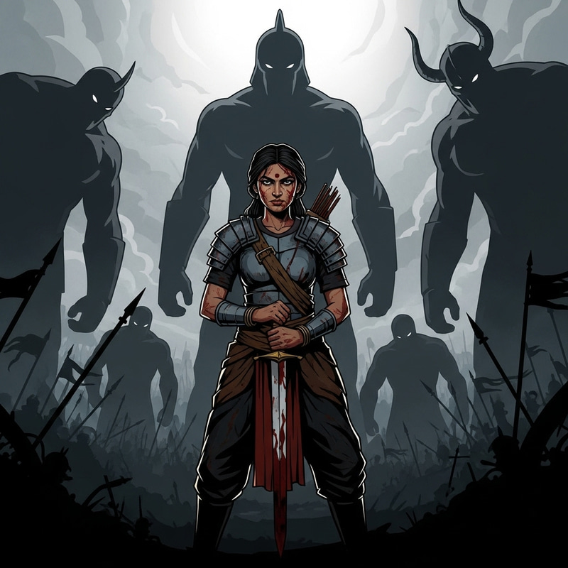 Epic Fantasy Scene: Battle-Worn South Asian Female Soldier vs Towering Adversaries Epic Fantasy Scene: Battle-Worn South Asian Female Soldier vs Towering Adversaries