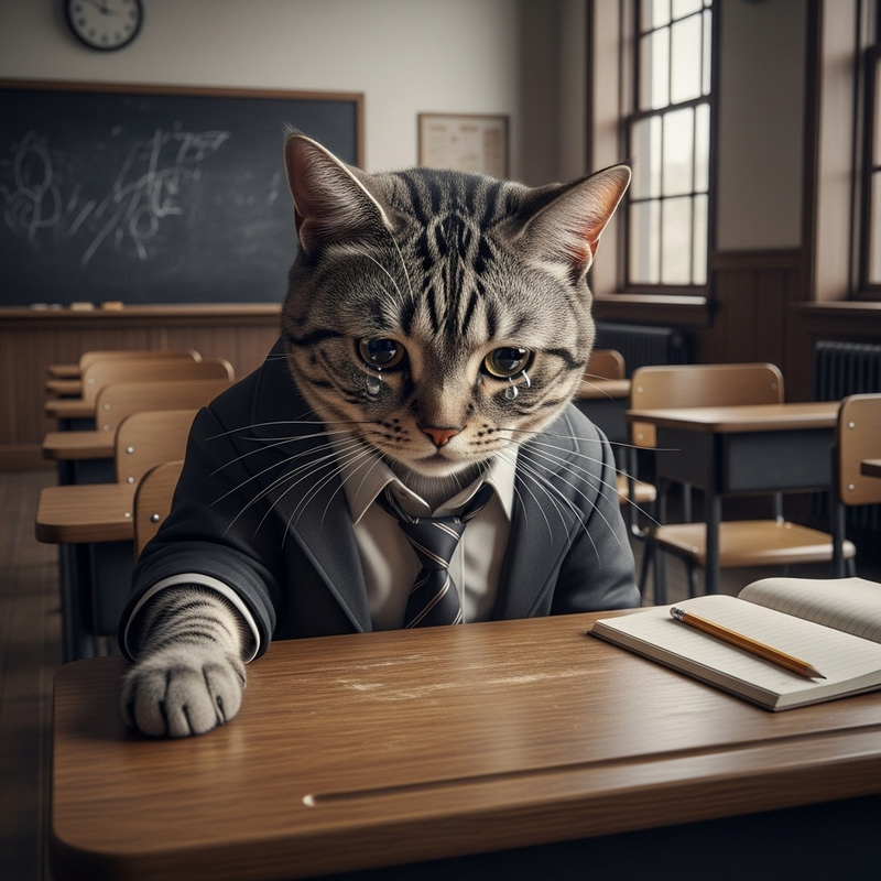 Emotional Cat in Suit and Tie at Classroom Desk