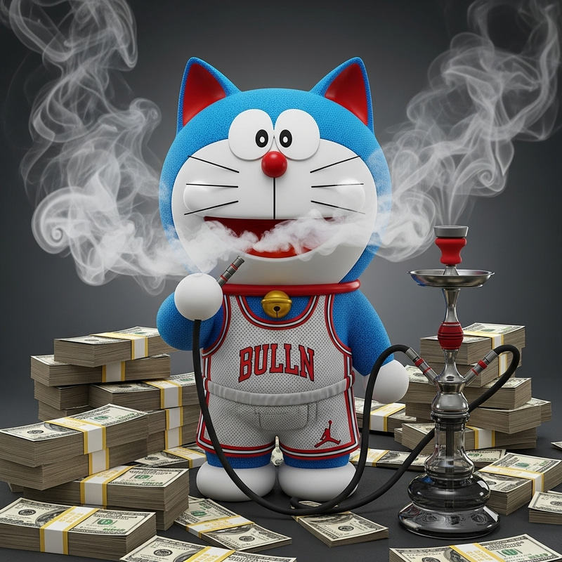 Doraemon Surrounded by Money, Sporting Jordan Gear, Smoking Hookah Doraemon Surrounded by Money, Sporting Jordan Gear, Smoking Hookah