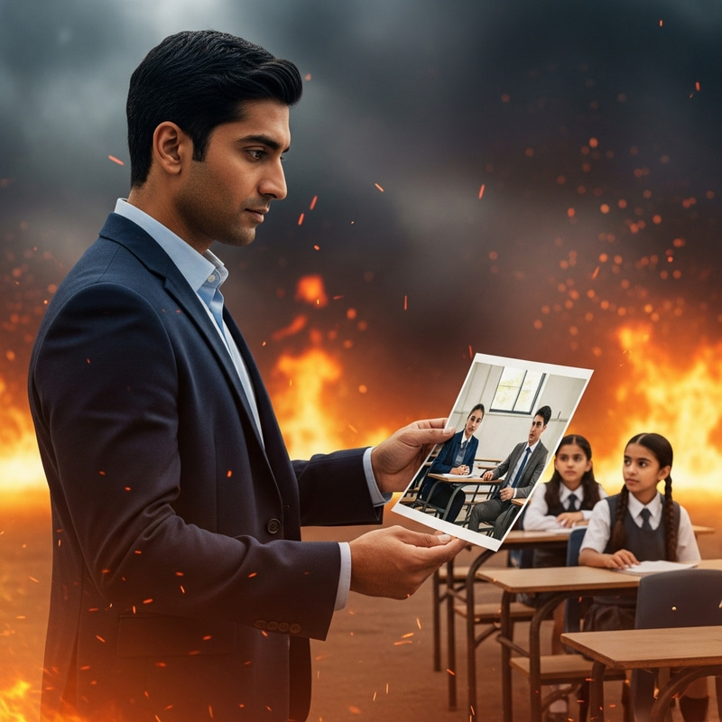 Man in Blazer Amidst Flames | School Scenario with Diverse Students Man in Blazer Amidst Flames | School Scenario with Diverse Students