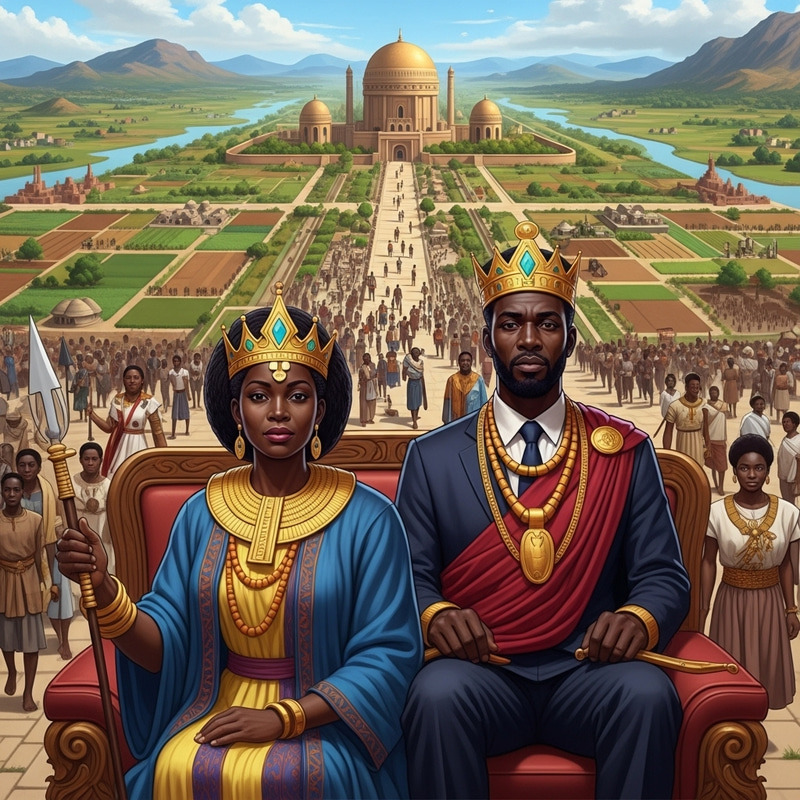 Ancient Powerful Black African Dynasties: Royal King & Queen with Kingdom Background & Afrofuturism Ancient Powerful Black African Dynasties: Royal King & Queen with Kingdom Background & Afrofuturism