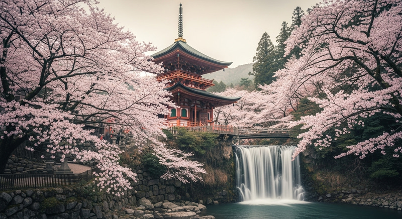Serene Japanese Temple & Waterfall in Pastel Hues Serene Japanese Temple & Waterfall in Pastel Hues