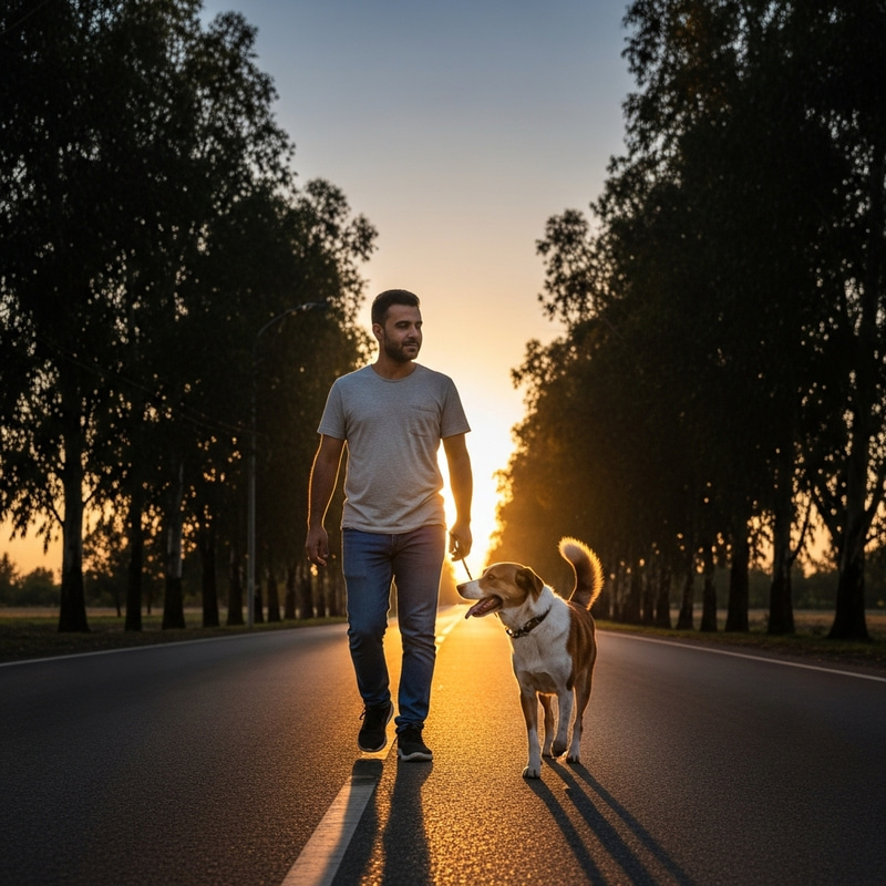 Man Walking with Dog on Road Man Walking with Dog on Road