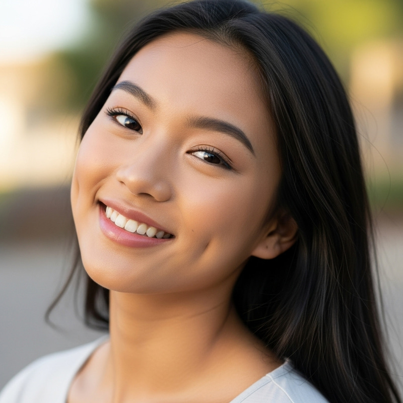 Smiling 17-Year-Old Asian Woman | Tan Complexion, Dimples & Black Hair