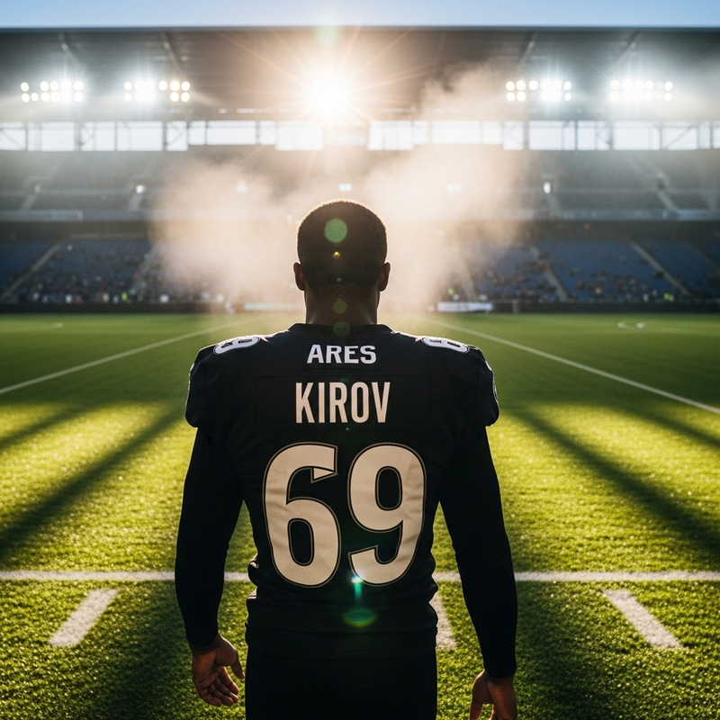 Black Footballer from Team ARES Enters Stadium Field with Jersey Number 69 and Name Kirov Black Footballer from Team ARES Enters Stadium Field with Jersey Number 69 and Name Kirov