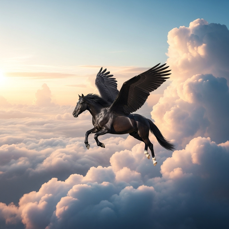 Majestic Black Horse Flying Through Clouds