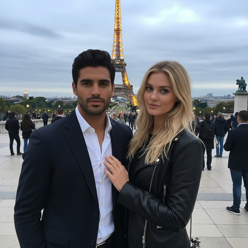 Romantic Paris Night: Black-Haired Man, Blonde Woman