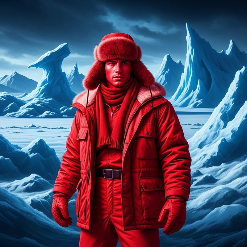 Red Man on Dark Arctic Ice: Winter Exploration Adventure