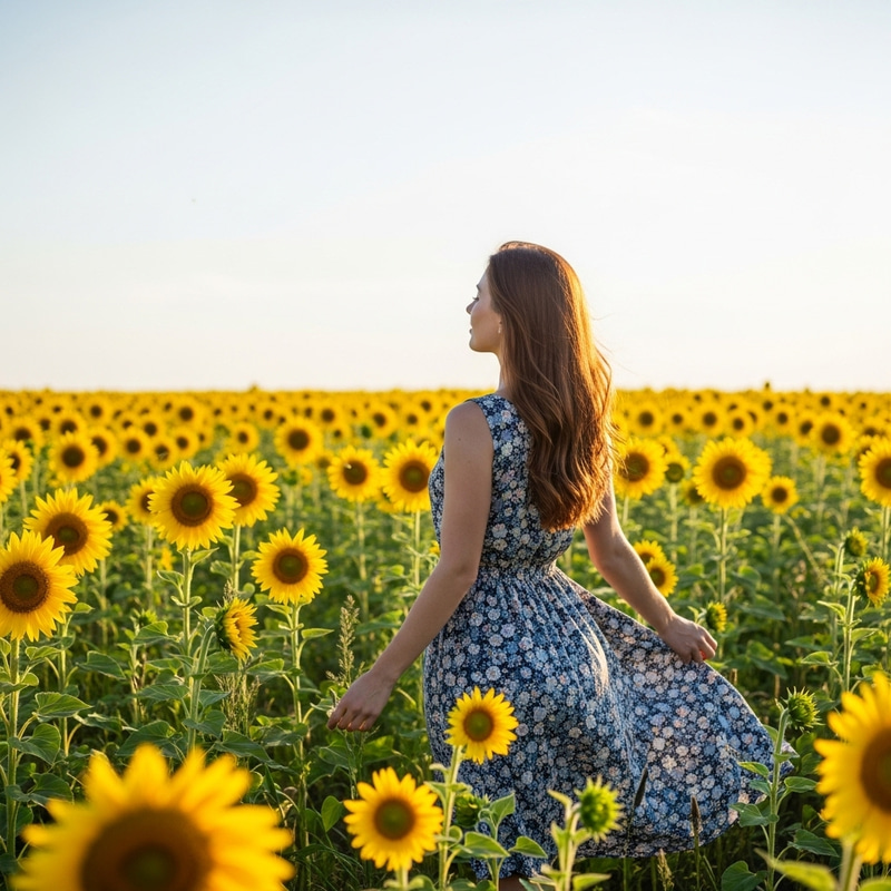 Enchanting Sunflower Scene with a Beautiful Woman Enchanting Sunflower Scene with a Beautiful Woman