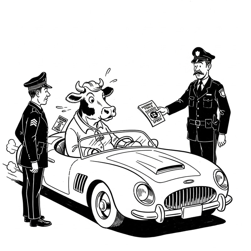 Cow Caught Speeding: A Whimsical Comic Scene Cow Caught Speeding: A Whimsical Comic Scene