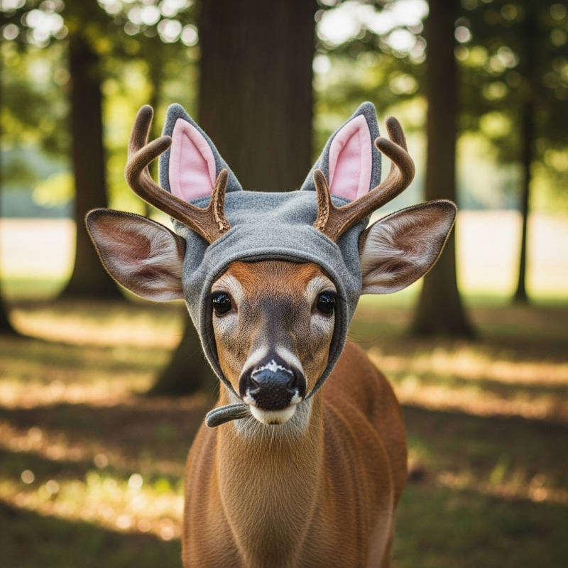 Deer in Hat with Cat Ears - Unique Wildlife Fashion