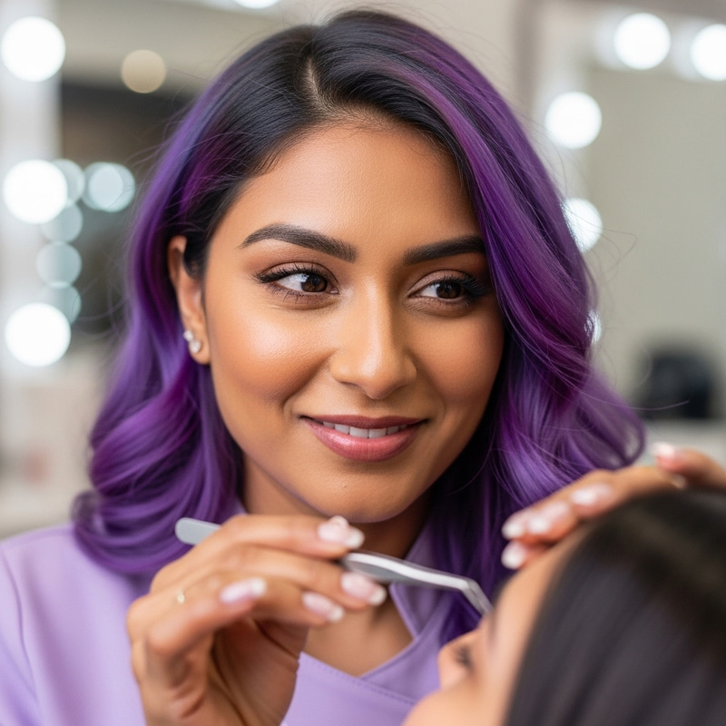 Passionate Eyelash Stylist in Purple Hat loves her Craft Passionate Eyelash Stylist in Purple Hat loves her Craft