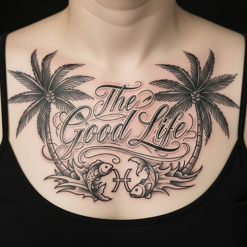 Stylish Chest Tattoo: The Good Life & Pisces Design Stylish Chest Tattoo: The Good Life & Pisces Design