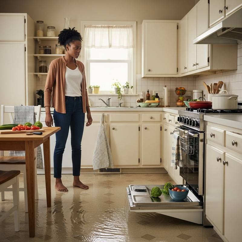 Annoyed Black Woman Sees Dishwasher Leak in Traditional Kitchen