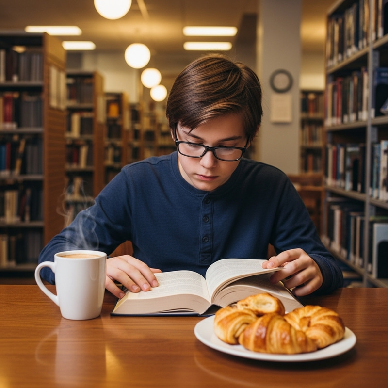 Nerdy Boy in Cozy Library Cafe: Immersed in Books & Pastries
