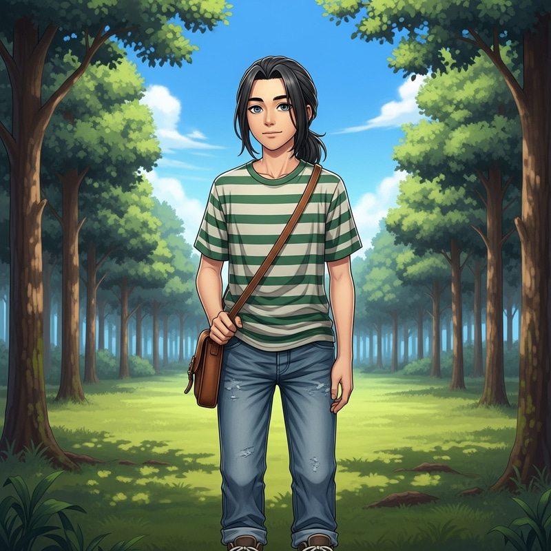 13-Year-Old Boy with Blue Eyes and Long Dark Hair in Forest