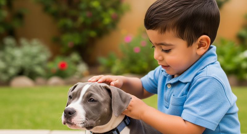 Contemporary Close-up Portrait of Toddler Petting Pitbull Puppy in Garden Contemporary Close-up Portrait of Toddler Petting Pitbull Puppy in Garden
