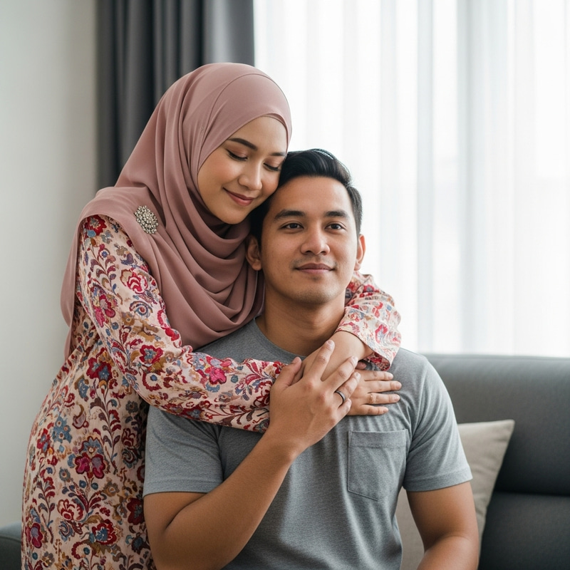 Malaysian Couple Embracing: Love at Home with Traditional Attire