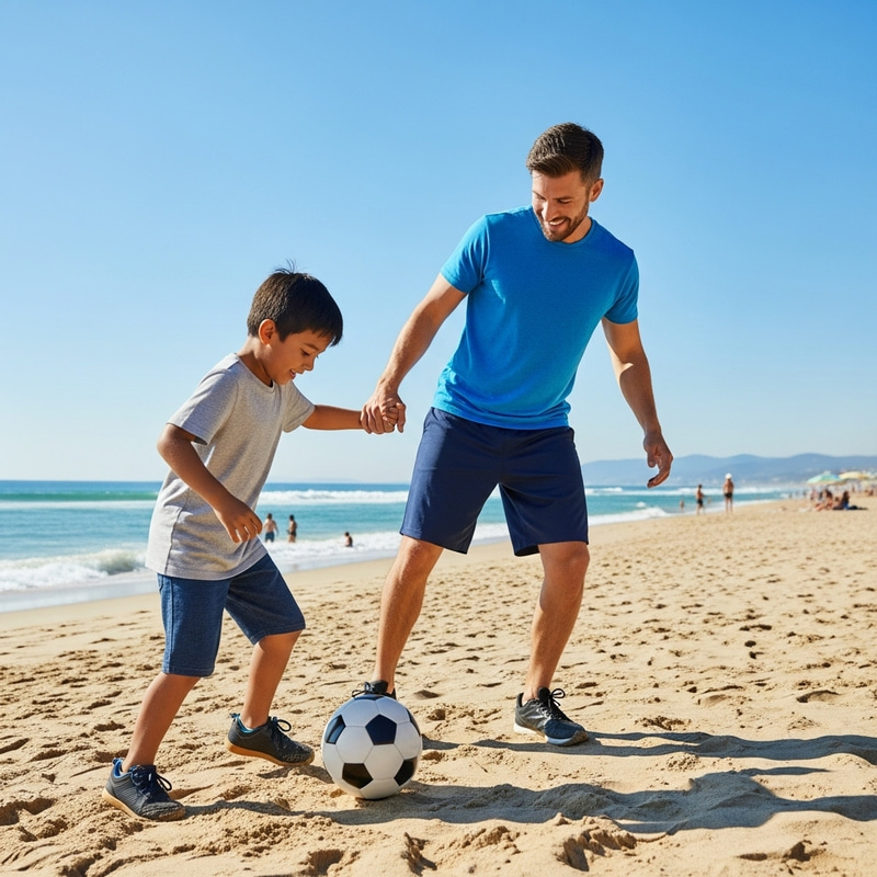 Muscular Dad and Son Soccer Play on the Beach Muscular Dad and Son Soccer Play on the Beach