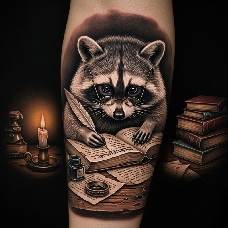 Realistic Raccoon Writing Book Tattoo