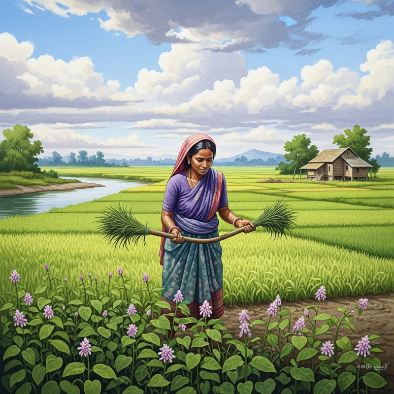 South Asian Female Farmer in Rural Area - Watercolor Painting