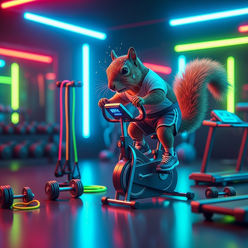 Spinning Squirrel in Neon-Lit Gym