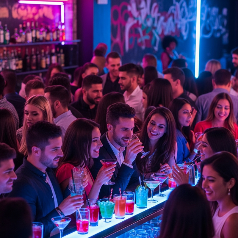 Vibrant Bar Scene with Bright Neon Lights and Energetic Crowd Vibrant Bar Scene with Bright Neon Lights and Energetic Crowd