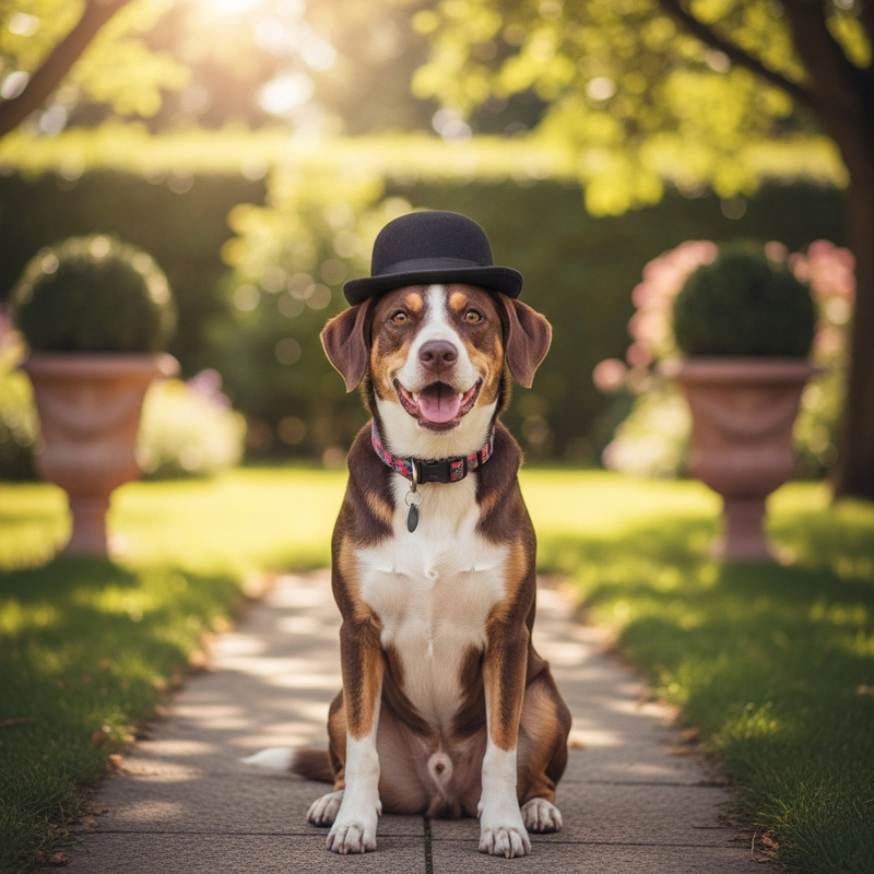 Adorable Dog with a Whimsical Hat in a Garden Adorable Dog with a Whimsical Hat in a Garden