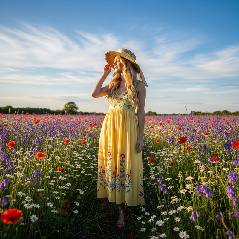 Blonde Woman with Flowing Hair in Fashionable Outfit | Meadow Wildflowers Blonde Woman with Flowing Hair in Fashionable Outfit | Meadow Wildflowers