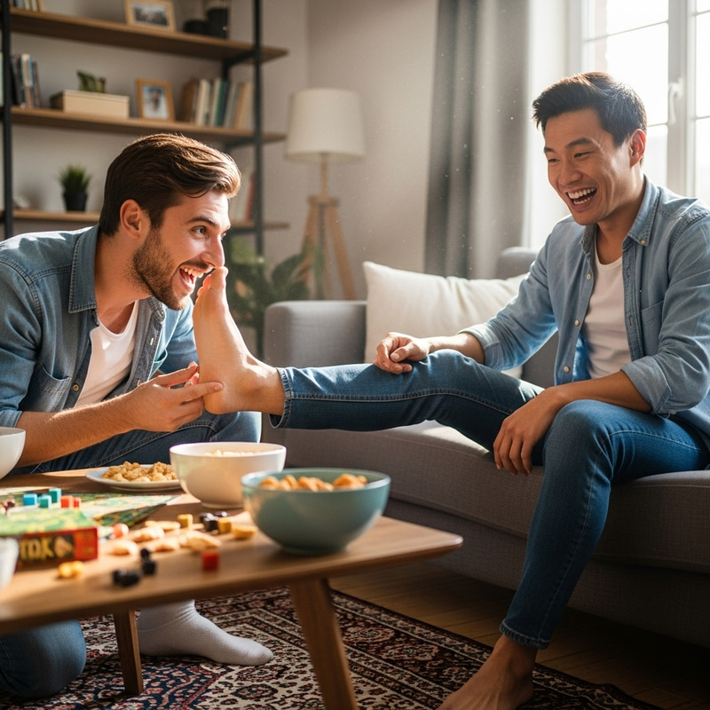 Young Men Playfully Smelling Friend's Feet | Casual Fun Young Men Playfully Smelling Friend's Feet | Casual Fun