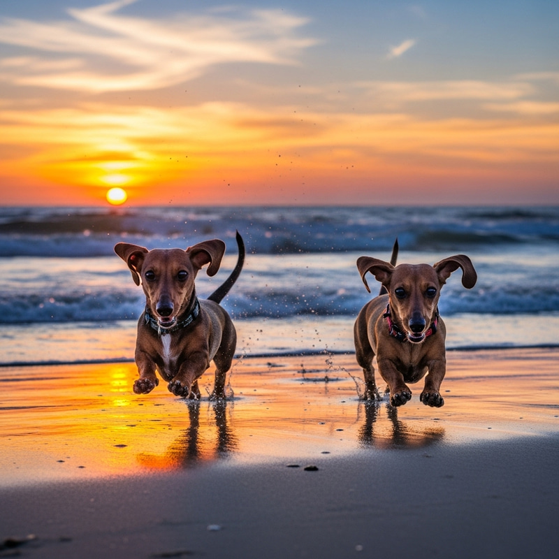 Playful Sausage Dogs Running on Beach