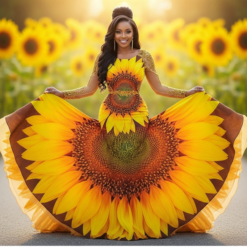 Sunflower Petals Long Gown - Floral Elegance & Grace